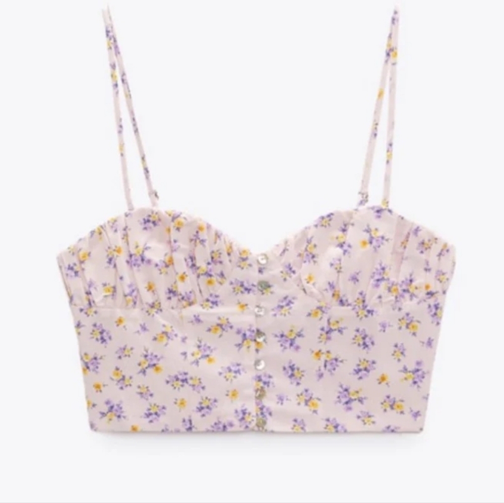 NWT  ZARA LINEN BLENDED LAVENDER FLOWER PRINT CROP TOP SPAGHETTI STRAPS  Medium
